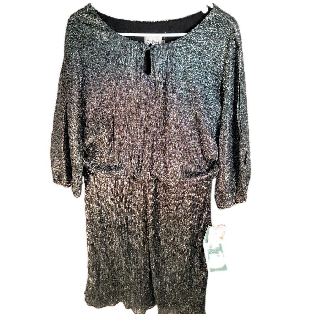 J. Taylor Size 14 NWT Black Silver Metallic Shimmer Split Sleeve Dress Keyhole